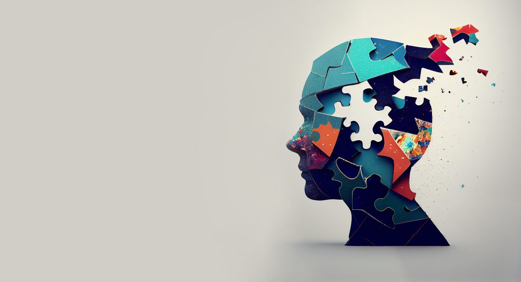 Abstract digital art of a human head silhouette with colorful, fragmented puzzle pieces. Some pieces are scattering outward, symbolizing thoughts or mental processes. The background is a plain, light tone, emphasizing the heads vivid colors.