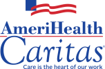 The image is a logo for AmeriHealth Caritas, featuring the company name in blue and red text. Above the text, there is a red and blue stylized flag design. The tagline beneath reads, Care is the heart of our work.