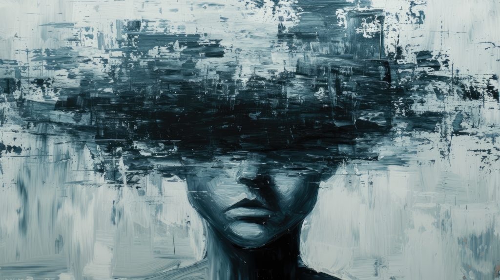 Abstract painting of a person with a blurred, obscured head, using dark and light brushstrokes. The artwork conveys a sense of mystery and emotion, with the facial features partially visible and surrounded by a textured, chaotic background.