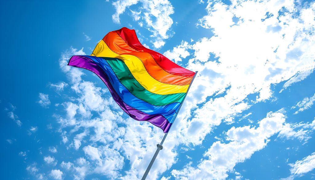 A rainbow Pride flag waves against a bright blue sky filled with scattered clouds. The sunlight illuminates the vibrant colors of the flag, creating a vivid and dynamic scene.