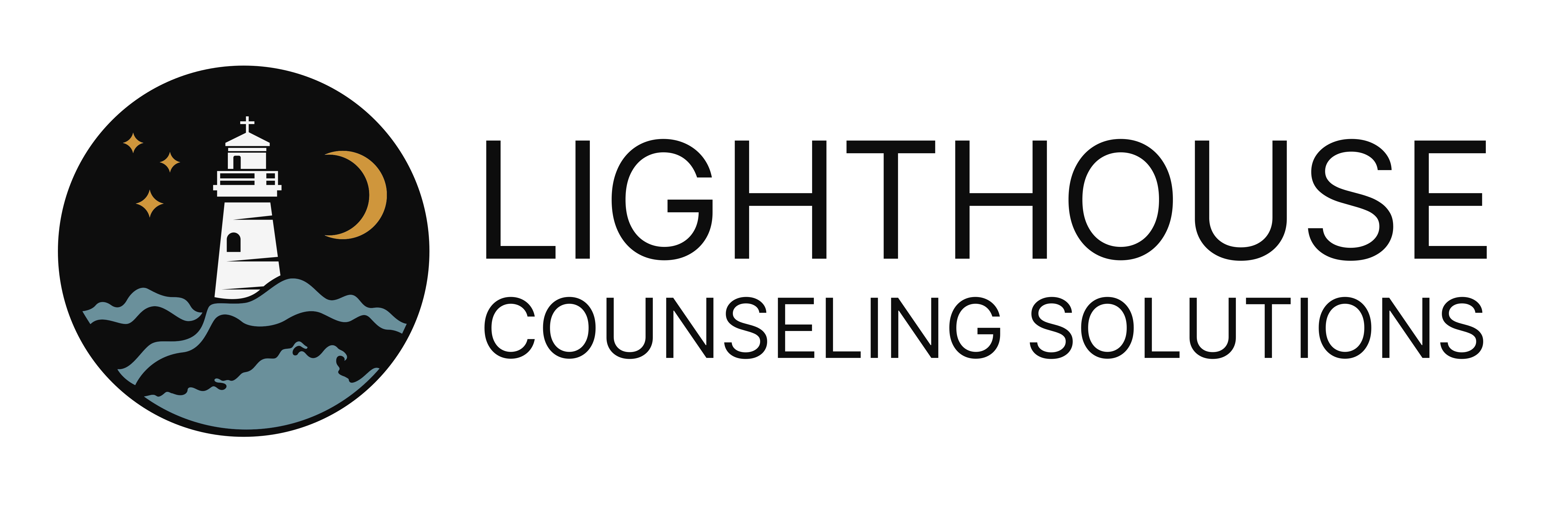 A logo featuring a white lighthouse with a crescent moon and three stars above, set against a dark circle with blue waves at the bottom. Text to the right reads LIGHTHOUSE COUNSELING SOLUTIONS.