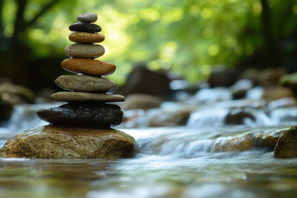 A stack of smooth stones balanced on a larger rock in a gently flowing creek. The surrounding environment is lush and green, indicating a serene, natural setting. Sunlight filters through the leaves, creating a peaceful atmosphere.