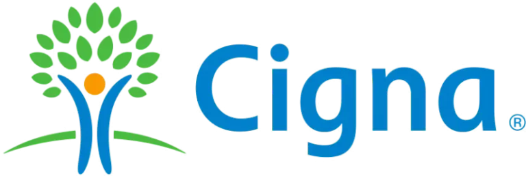 The image shows the Cigna logo, featuring a stylized blue figure with arms raised, surrounded by green leaves forming a tree. The word Cigna is written in blue text to the right of the tree design.