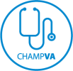 A blue circular emblem featuring a stethoscope icon above the text CHAMPVA in bold letters.