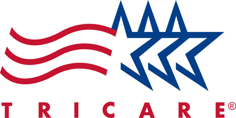 Logo featuring the word TRICARE in blue with three blue stars and three red curved lines resembling stripes.