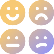 Four round emoticons: top-left smiling, top-right frowning, bottom-left neutral, bottom-right sad, all in gradient shades of yellow and purple.