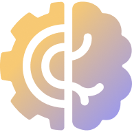 A gear split into two halves, with the left side in yellow featuring a circular maze pattern, and the right side in purple with a simple line pattern. The design symbolizes a blend of technology and design elements.