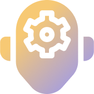 Icon of a stylized human head in a gradient of orange and purple, with a gear symbol inside the head, representing the concept of artificial intelligence or machine learning.