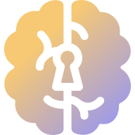 Icon of a brain with a keyhole in the center, featuring a gradient from yellow to purple. The design symbolizes security or unlocking potential, blending technological and intellectual themes.